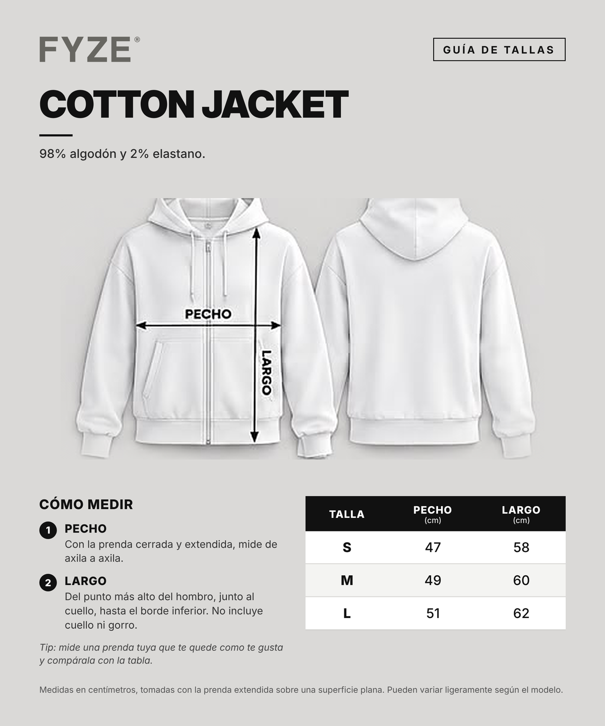 Guía de tallas Cotton Jacket: cómo medir pecho y largo, tallas S, M y L