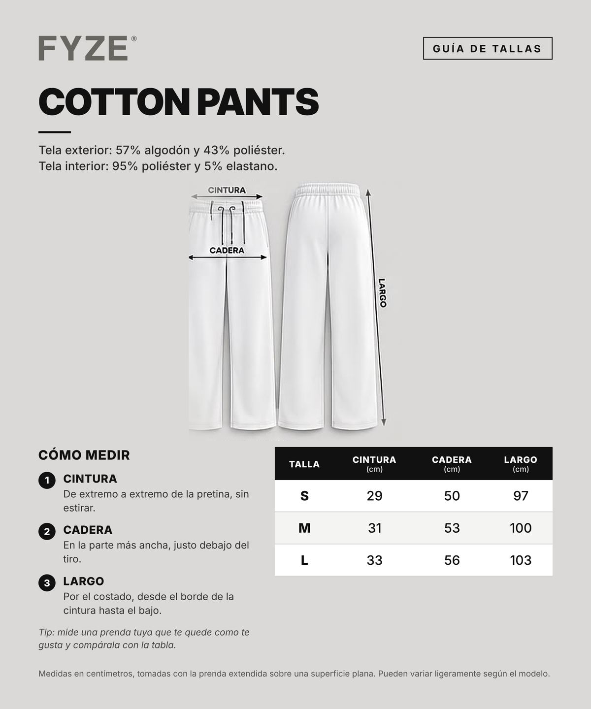 Guía de tallas Cotton Pants: cómo medir cintura, cadera y largo, tallas S, M y L