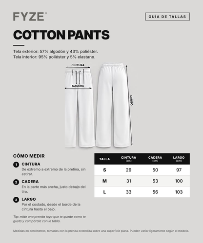 Guía de tallas Cotton Pants: cómo medir cintura, cadera y largo, tallas S, M y L