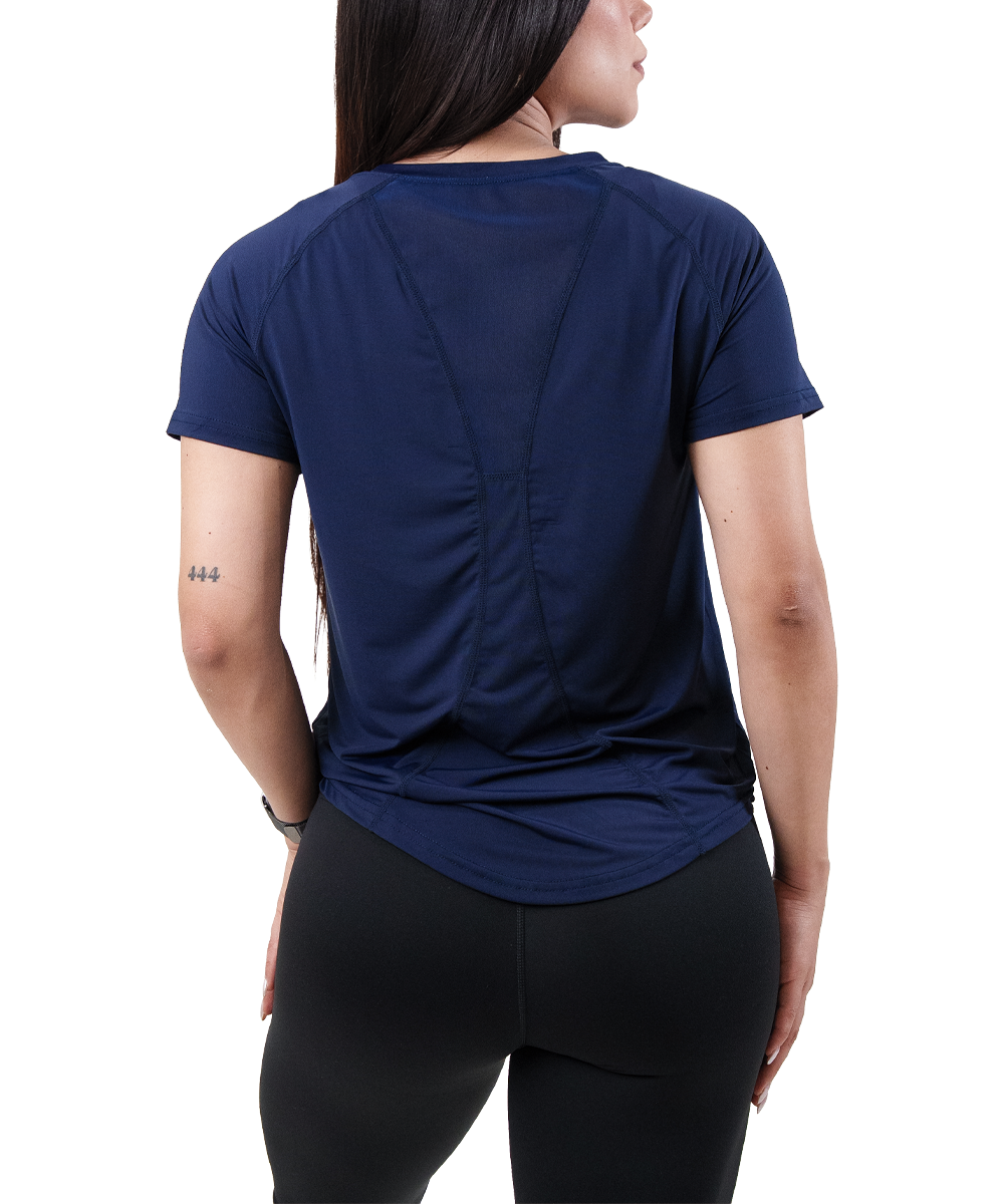 Playera Panel Mujer Marino, espalda con panel de malla