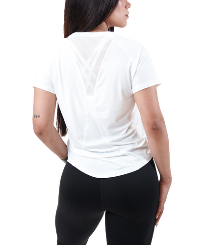 Playera Panel Mujer Blanca, espalda con panel de malla
