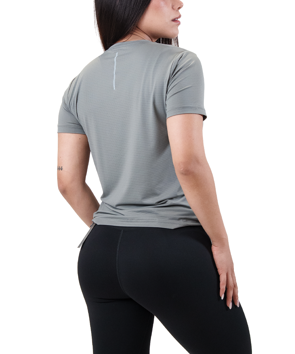 Playera Fly Fit Gris Fyze para mujer, vista de espalda