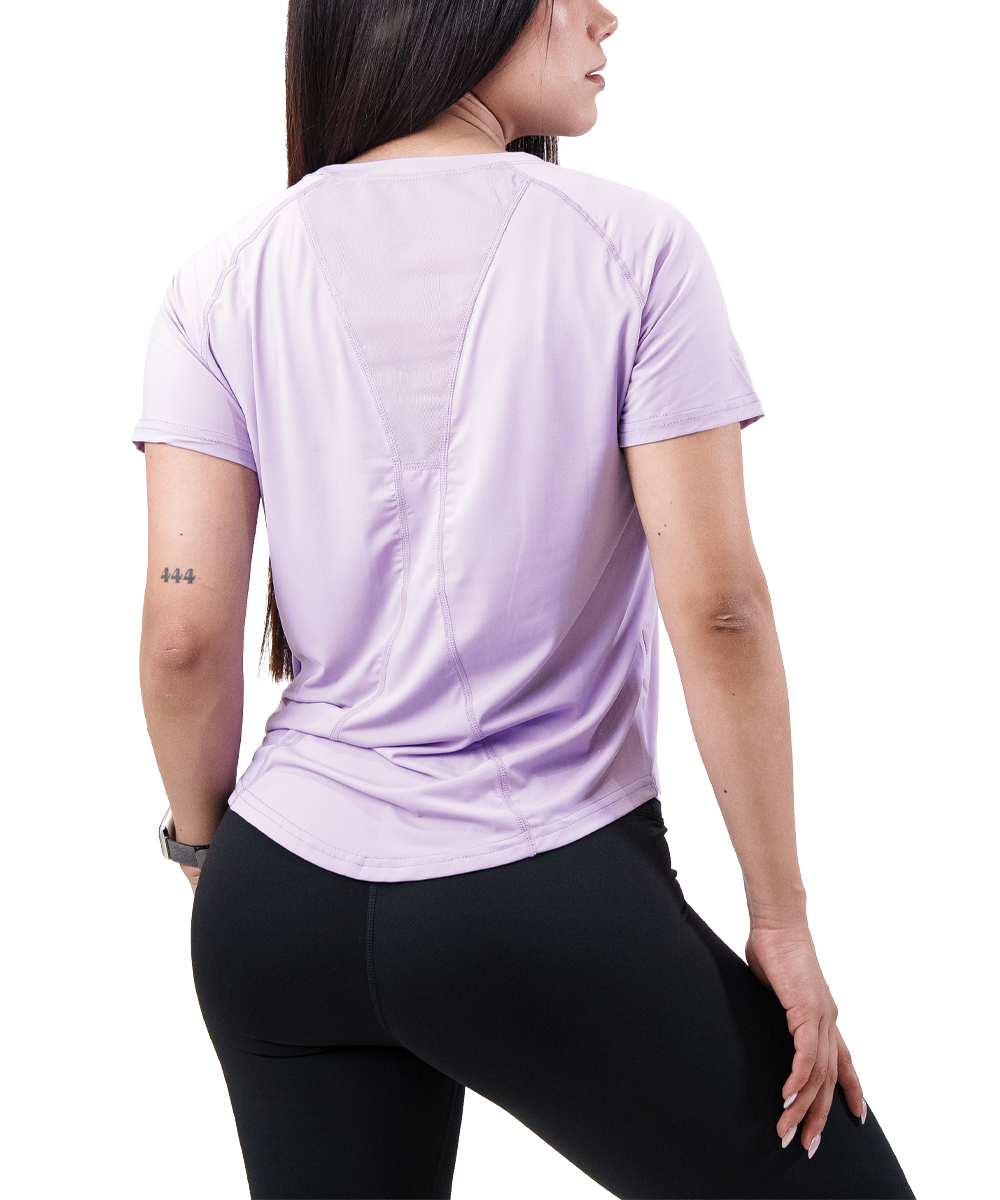 Playera Panel Mujer Lila, espalda con panel de malla