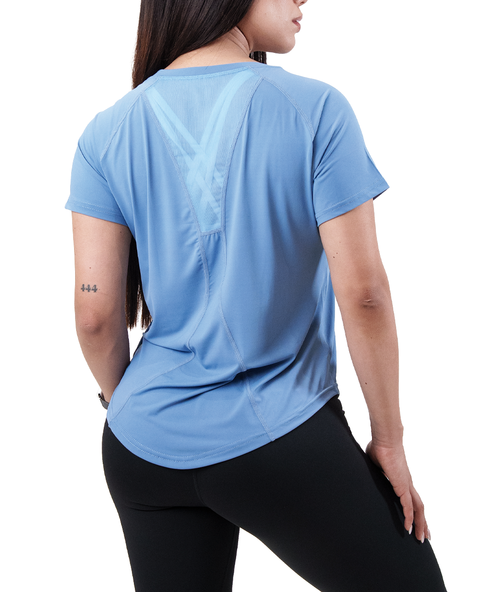 Playera Panel Mujer Azul, espalda con panel de malla