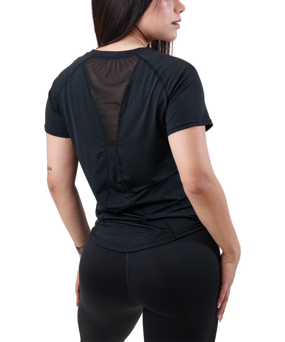 Playera Panel Mujer Negra, espalda con panel de malla