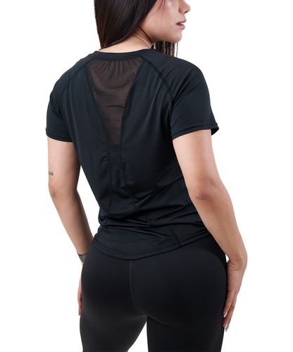 Playera Panel Mujer Negra, espalda con panel de malla