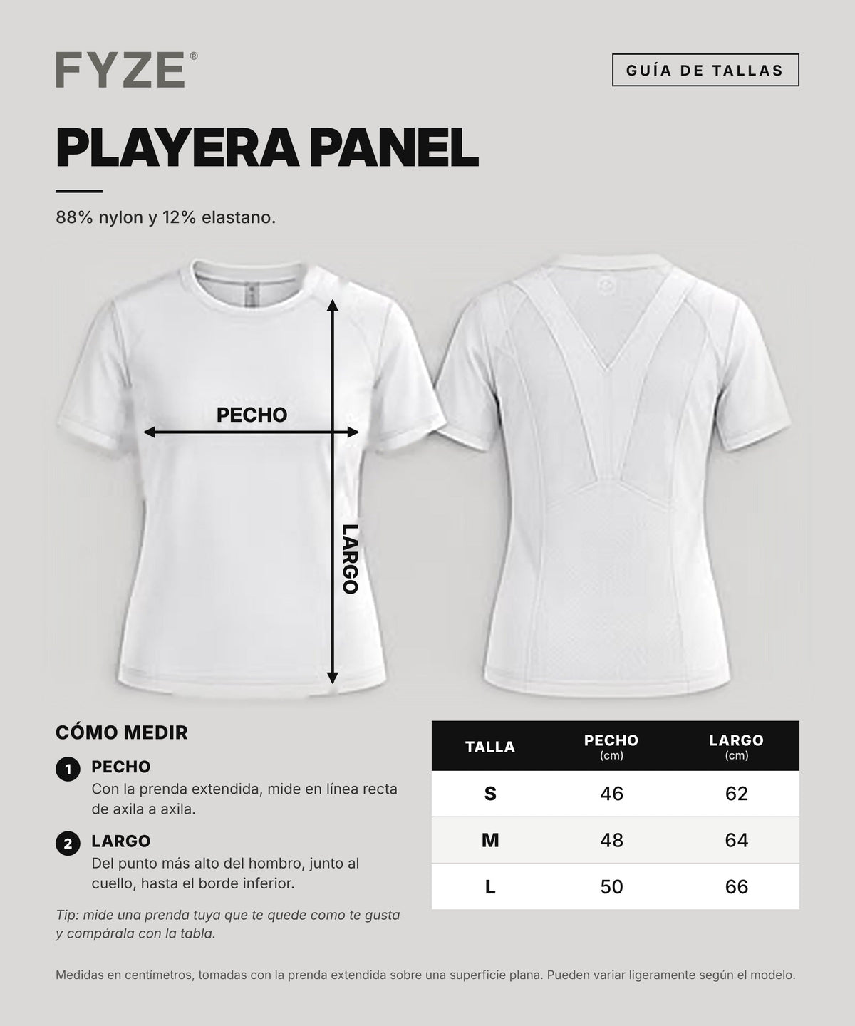 Guía de tallas Playera Panel: cómo medir pecho y largo, tallas S, M y L